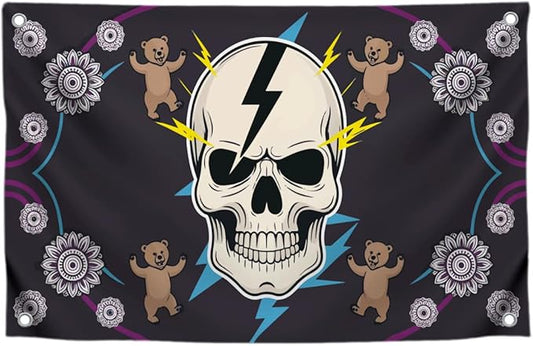 3x5 Feet Funny Polyester Flag with Image Skull with Lightning and Bears with 4 Brass Grommets - Skull Banner for Outdoor/Indoor or Wall Decor Room Man Cave - Funny Bear and Flover Flags for Backyard