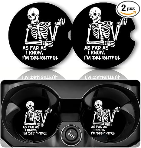 Car Coasters for Cup Holders，2.75" Anti Slip Rubber Mat with A Finger Notch, 2 Pack Car Cup Holder Coasters for Car Interior Accessories for Women Men Skull Skeleton