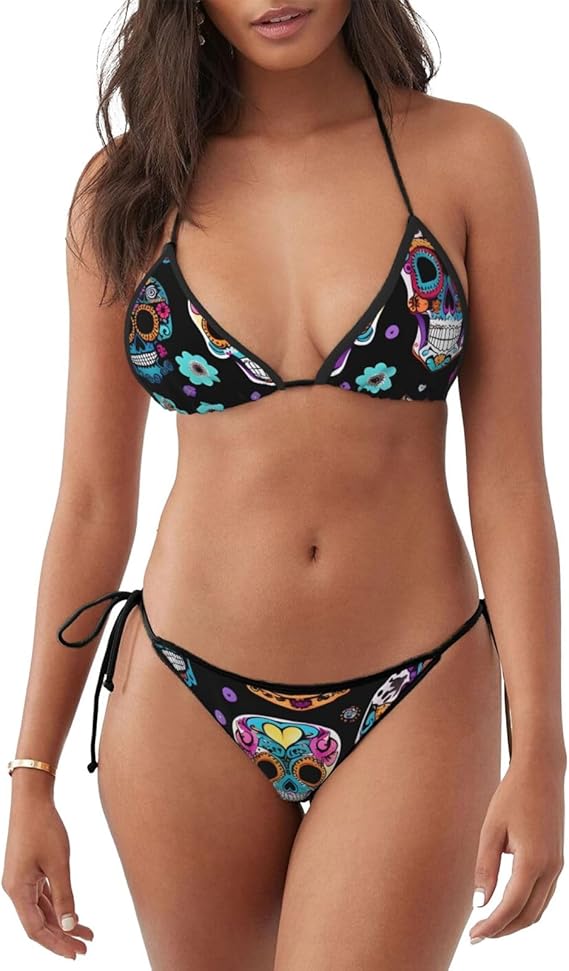 Sugar Skull Print Women's Two-Piece Thong Bikini Sets - Triangle String Halter Swimwear, Sexy Bathing Suit