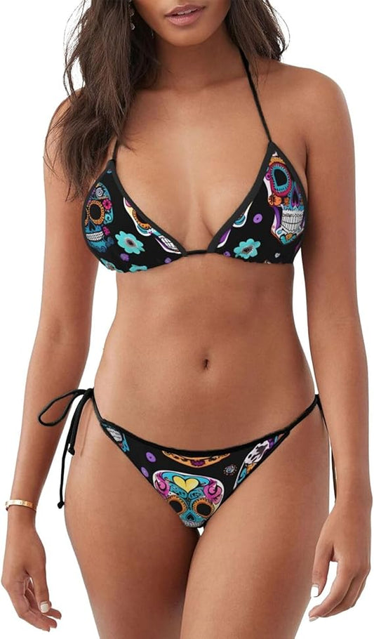 Sugar Skull Print Women's Two-Piece Thong Bikini Sets - Triangle String Halter Swimwear, Sexy Bathing Suit