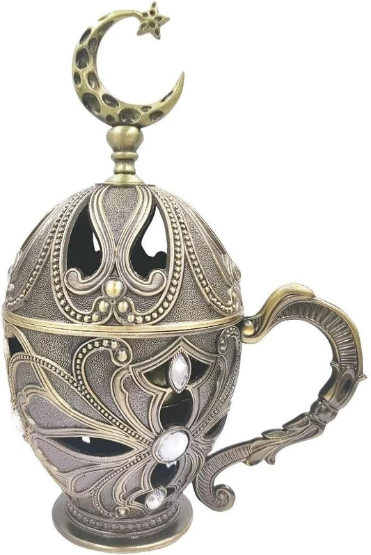 Hourwof Vintage Cone Incense Holder,Metal Incense Burner Holder with Cover,Bakhoor Burners,Incense Ash Catcher with Handle for Yoga Aromatherapy Meditation Home Office Decor,Moon Bronze