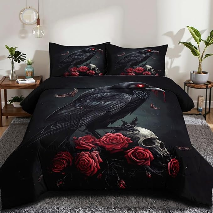Black Crow Red Rose Skull Comforter Set Queen Size Halloween Gothic Roses Skeleton Bedding Set Holiday Decoration Bedding Black Floral Bird Down Comforters Soft Microfiber Comforter Sets