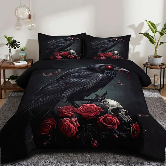 Black Crow Red Rose Skull Comforter Set Queen Size Halloween Gothic Roses Skeleton Bedding Set Holiday Decoration Bedding Black Floral Bird Down Comforters Soft Microfiber Comforter Sets
