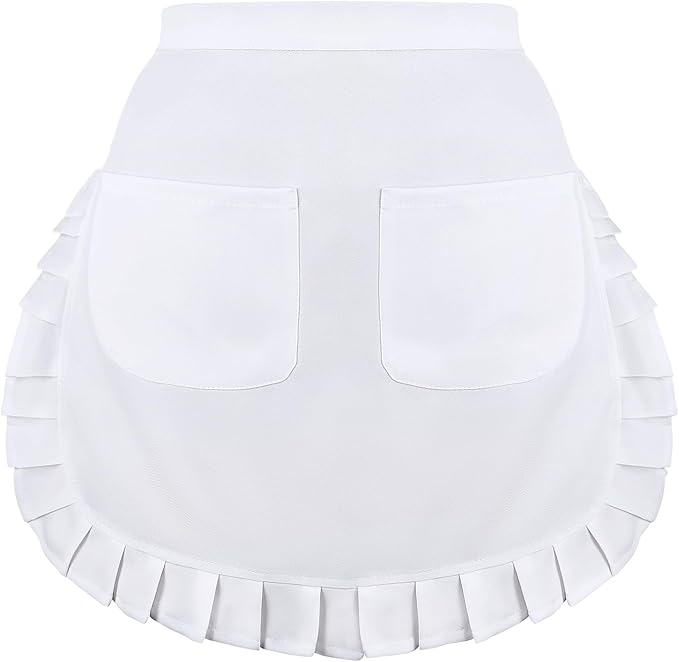 White Waist Apron with 2 Pockets, White Half Apron for Women, Waitress Apron for Kitchen Cooking Restaurant Bistro Coffee Shop