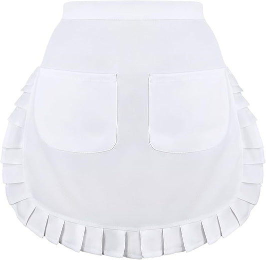 White Waist Apron with 2 Pockets, White Half Apron for Women, Waitress Apron for Kitchen Cooking Restaurant Bistro Coffee Shop