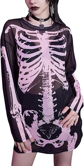 Women's Long Sleeve Skull Skeleton Halloween Costume See Through Sheer Mesh Tee Shirt Blouse Rave Tops