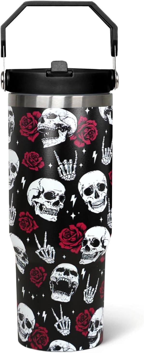 30oz Skull RoseTumbler with Handle 30oz Skull Rose Flip Tumbler With Handle Lid and Straw Coffee Mug Cup Water Bottles,Halloween Themed Gifts for Women Decor Stuff Accessories