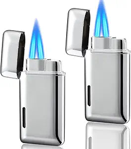 2 Pack Mini Torch Lighter Butane Refillable, Double Flame Butane Lighter with Visible Window, Adjustable Jet Lighter, Great Gifts for Men and Women, Without Gas (Silver)