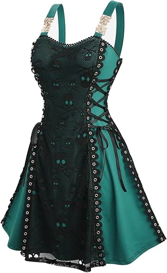 Women Plus Size Skulls Lace Overlay Sleeveless Goth Emo Y2K Halloween Costume Dress