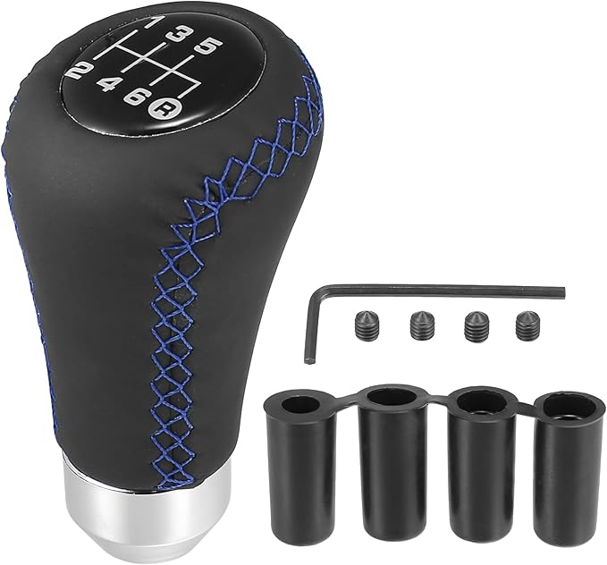 X AUTOHAUX Black Universal 6 Speed Auto Car Gear Lever Shifter Manual Stick Shift Knob PU Leather Blue Stitches