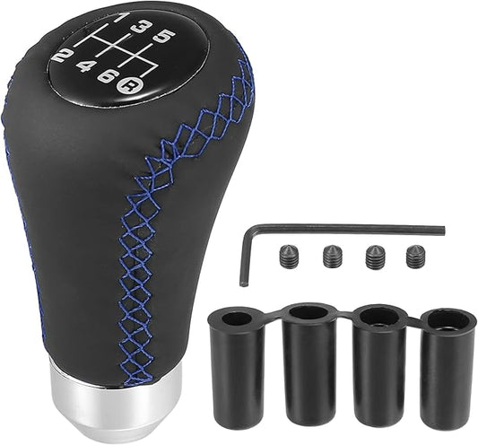 X AUTOHAUX Black Universal 6 Speed Auto Car Gear Lever Shifter Manual Stick Shift Knob PU Leather Blue Stitches