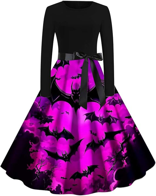 Skull Print Vintage Dress for Women Long Sleeve Gothic Halloween Dress A Line Retro Party Swing Dresses