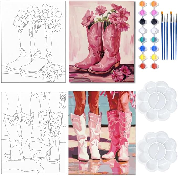 WEBEEDY Pre Drawn Canvas for Painting Retro Canvas Painting Set with Pink Cowgirl Boots Pattern,Outline Painting Boards for Beginners Funky Room Wall Art Decor 8 x 10 Inch/20 x 25cm