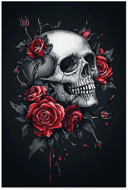 BFUIWIE Canvas Wall Art Skull Painting Wall Decor Rose Skull Poster Romantic Wall Art Home Decor for Living Room Bedroom Bathroom Unframed 20x30 inch
