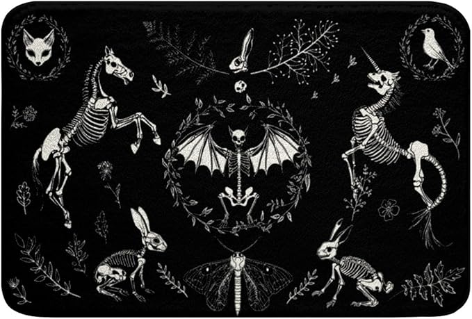 Sugar Skull Bath Rugs Skeleton Bones Ultra Soft Non Slip Bathtub Rugs,Gothic Moth Decor Room Decorative 16x24 Magic Unicorn Rabbit Skulls Shaggy Floor Mat,Halloween Horror Theme Floor Mats,Black White