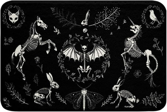 Sugar Skull Bath Rugs Skeleton Bones Ultra Soft Non Slip Bathtub Rugs,Gothic Moth Decor Room Decorative 16x24 Magic Unicorn Rabbit Skulls Shaggy Floor Mat,Halloween Horror Theme Floor Mats,Black White