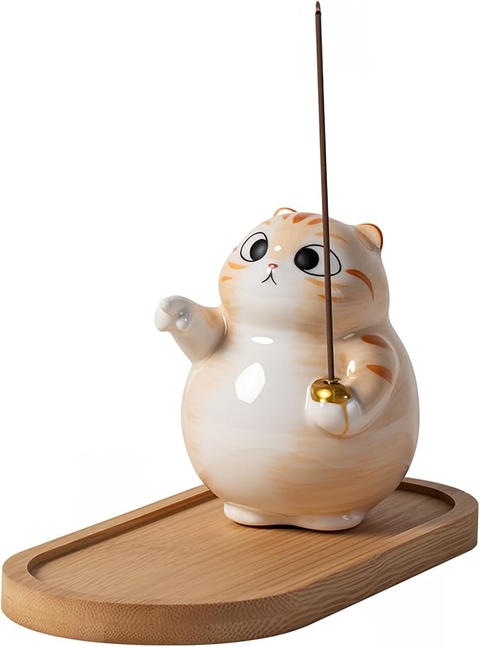 Cat Incense Holder - Ceramic Cute Incense Stick Holder with Bamboo Ash Catcher Tray, Orange Tabby Cat Decor for Home, Feng Shui Desk Decor (3.4" L x 2.8" W x 3.5" H)