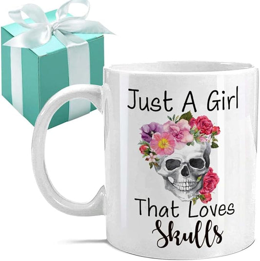 Funny Skeleton Mug Gifts for Women Just A Girl That Loves Skulls - Novelty Cute Skull Coffee Mug Gift for Bestie Friend - Goth Kitchen Accessories - Spooky Witch Witchy Birthday Gifts for Women