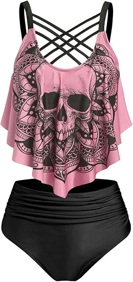 Women's Bikini Set High Waisted Bikini Two Piece Bathing Suit Tummy Control Tankini Gothic Skull Swimsuit