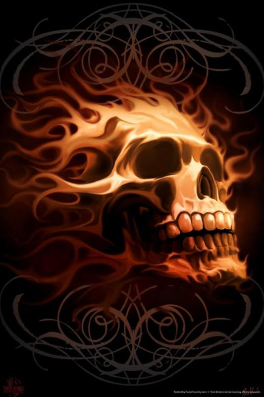 Laminated Flaming Skull Tom Wood Fantasy Horror Flames Head Poster Scary Ride Or Die Drawing Poster Dry Erase Wall Art 16x24