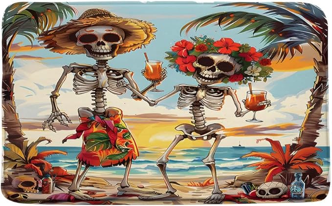 Funny Skull Bath Mat Tropical Skeleton Beach Palm Tree Hawaii Exotic Flower Dancing Humorous Halloween Summer Sunset Bathroom Rugs Indoor Carpet Bathtub Rug 16 x 24 Inch