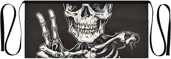 FRMG Skull Skeleton Server Apron with 3 Pockets Waist Apron for Men Women Half Apron Short Aprons Waitress Waiter Chef Apron for Grilling Gardening Kitchen A0900599