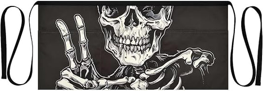 FRMG Skull Skeleton Server Apron with 3 Pockets Waist Apron for Men Women Half Apron Short Aprons Waitress Waiter Chef Apron for Grilling Gardening Kitchen A0900599
