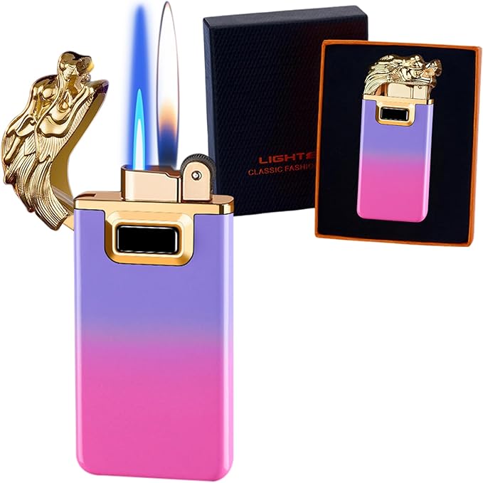 Torch Lighter, Magic Dragon Dual Flame Lighter with Refillable Butane Design, Windproof Adjustable Soft Flame and Jet Flame,Cool Lighter for Gifts Men Indoor Outdoor (Without Butane)-Pink Purple