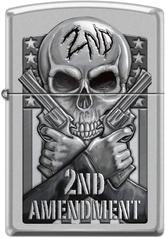 Zippo Lighter - Personalized Custom Message Engraved on Backside for 2nd Amendment Pistols Gun Skull Satin Chrome #Z5150