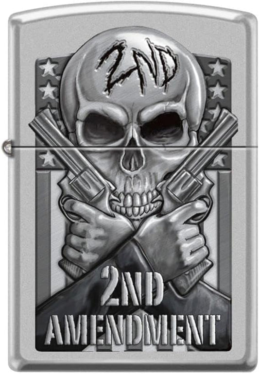 Zippo Lighter - Personalized Custom Message Engraved on Backside for 2nd Amendment Pistols Gun Skull Satin Chrome #Z5150