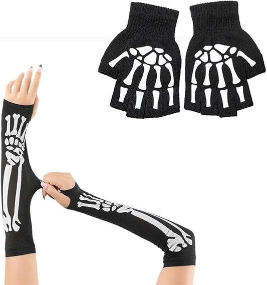 Skeleton Gloves, 1 Pair of White Bone Long and 1 Pair of Half Finger Joint Gloves, Suitable for Both Men and Women, Suitable for Halloween, Christmas, Pirate Themed Gatherings, Etc