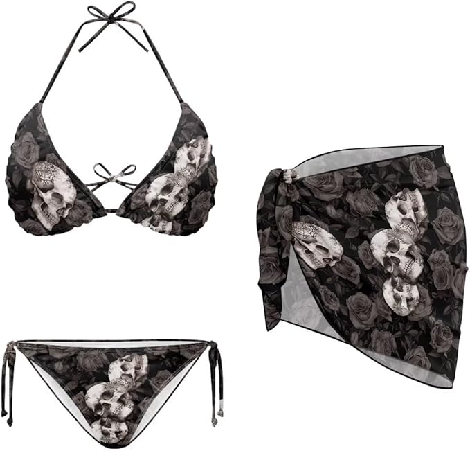 Women's Sexy Swimsuit 3Pcs Bikini Set with Chiffon Wrap Bathing Suit with Coverups Halter Padded Top Tie Side Thong