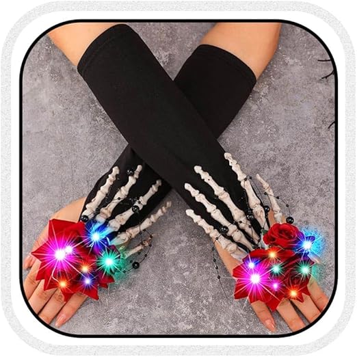 Light Up Fingerless Gloves Black LED Flower Halloween Gloves Skull Gothic Prom Accessories for Women