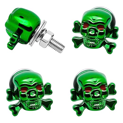 Skull License Plate Bolts & Screws for Car/Motorcycle/Truck, Decorative Rust-Proof License Plate Fasteners Hardware Kit with Frame Inserts (4-Pack,Green)