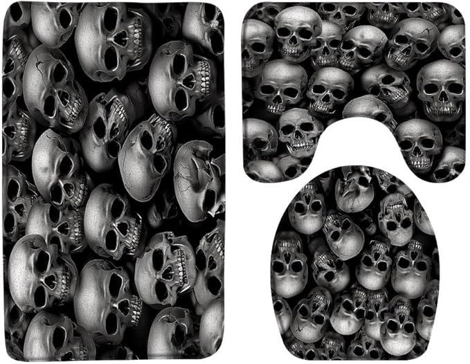 Halloween Bath Mat Skull Skeleton Spooky Gothic Witchy Scary Horror Memory Foam Bathroom Kitchen Rug 3 Piece Sets,17.8"x29.5" Bath Mat,Toilet Seat Cover, U-Shaped Toilet Mat
