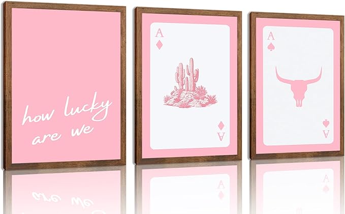 Pink Western Wall Art Set of 3, Cowboy Playing Card Wall Decor, Longhorn Bull Skull and “How Lucky Are We” Poster Canvas Painting Prints for Bedroom Bar Game Room Home Decor, 12x16 Inch Unframed