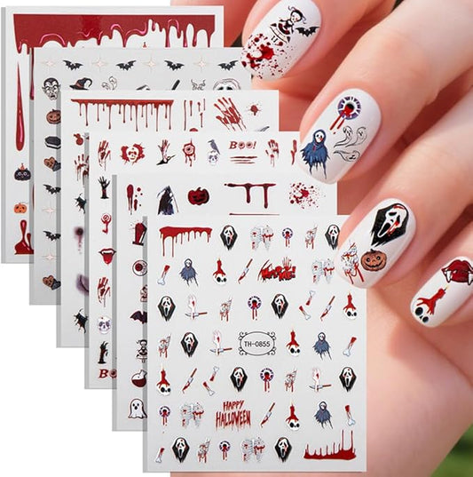 Halloween Nail Stickers - Halloween Nail Decals,3D Self-Adhesive Ghost Skull Elements Nail Art Decals Holiday Nail Stickers for Women Grils (6 Sheets)