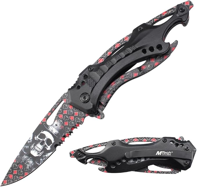 MTECH USA Folding Pocket Knife, 8 Inch Overall, Playing Card Design with Skull Pattern, Black Aluminum Handle - MT-A705BSSK