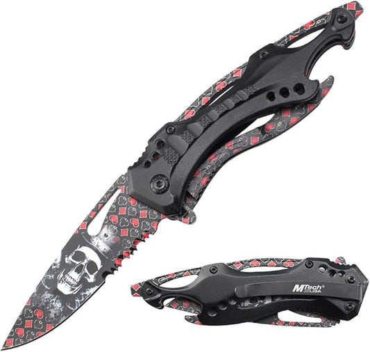 MTECH USA Folding Pocket Knife, 8 Inch Overall, Playing Card Design with Skull Pattern, Black Aluminum Handle - MT-A705BSSK