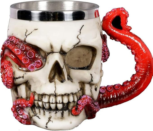 Skull Mug Parasite Octopus Beer Coffee Mugs with Tentacle Handle, Stainless Steel and Resin Tankard Skeleton Cranium Skull Beverage Drinking Cup for Ossuary Macabre Halloween Decorative Accent - 13oz