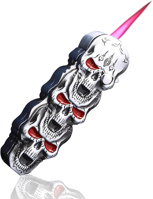 Torch Lighter, Unique Metal Skull Design, Refillable and Adjustable, Cool Lighters, Gift for Men, Suitable for Outdoor, Camping (No Gas) (Silver)