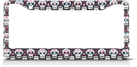 Flower Skull License Plate Frame Pink Flowers License Plate Holder Cute Funny Skulls Car Tag Frame License Plate Car Accessories 2 Holes Novelty Auto Car Tag Vanity Present