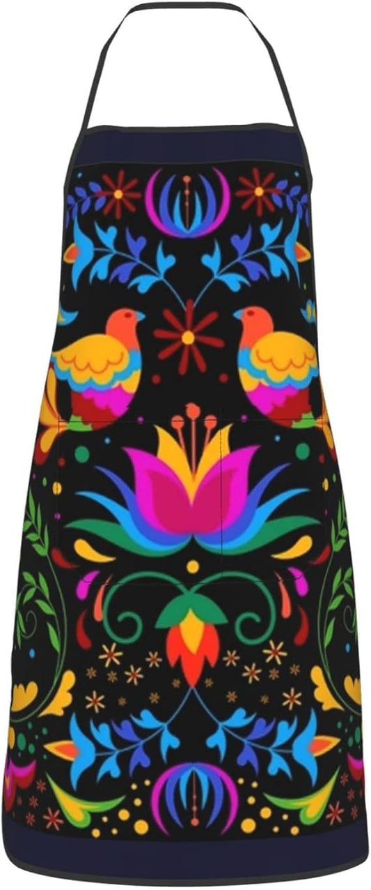 Mexican Floral Aprons, Waterproof Adjustable Apron for Kitchen Bbq with 2 Pockets, Gifts for Women Men