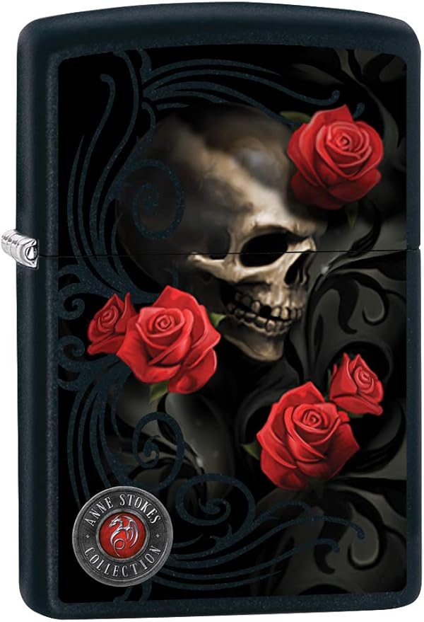 Zippo Lighter: Anne Stokes Skull and Roses - Black Matte 80010