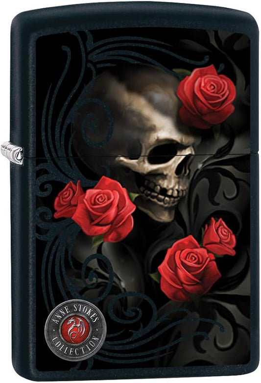 Zippo Lighter: Anne Stokes Skull and Roses - Black Matte 80010