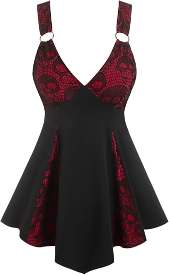 Women Tank Tops Casual Summer Tops Plaid Ruffled Cold Shoulder T Shirt Sexy Strap V Neck Sleeveless Gothic Tank Top