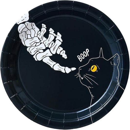 24 Pcs Halloween Party Paper Plates, Skull Cat Halloween Dessert Dinner Birthday Cake Paper Plates Disposable Party Tableware