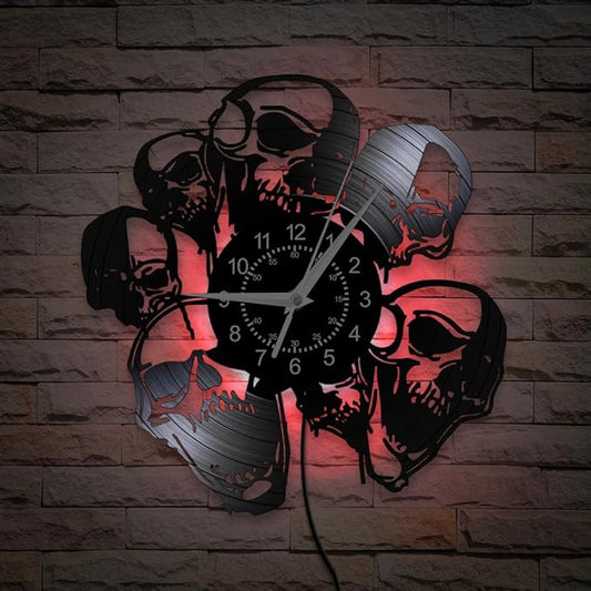 12 Inch Skeleton Skull Wall Clock 7 Color Changing, Gothic Halloween LED Night Light Wall Clock Modern Decorative Silent Non Ticking Battery Operated Vinyl Record Wall Watch Clock for Bedroom
