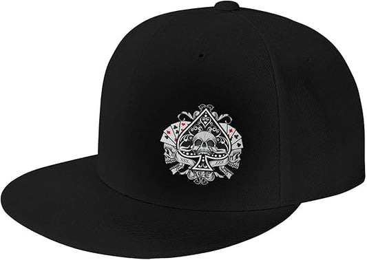 Skull with Playing Card Spades Snapback Hat Baseball Cap for Men Women Hip Hop Style Flat-Brimmed Hats