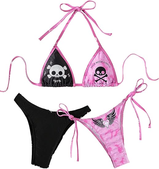 Women's 3 Pieces Skull Print Colorblock Halter Bikini Swimsuit Tie Side Bathing Suit